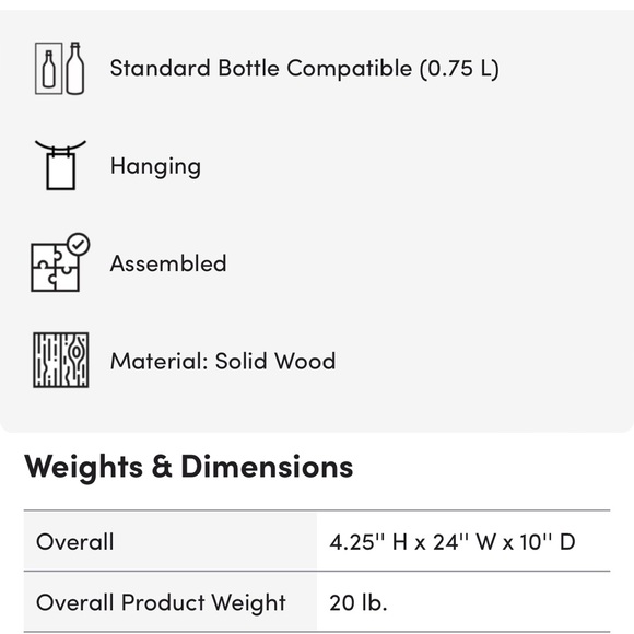 Sutton Place 5 Bottle Solid Wood Hanging Wine Bottle & Glass Rack - Picture 2 of 3